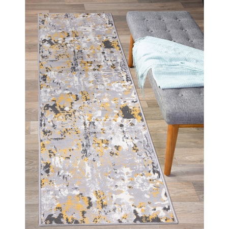 World Rug Gallery Distressed Abstract Yellow/Gray/Ivory Runner Rug 2'x7' Runner 2085YELLOW2X7